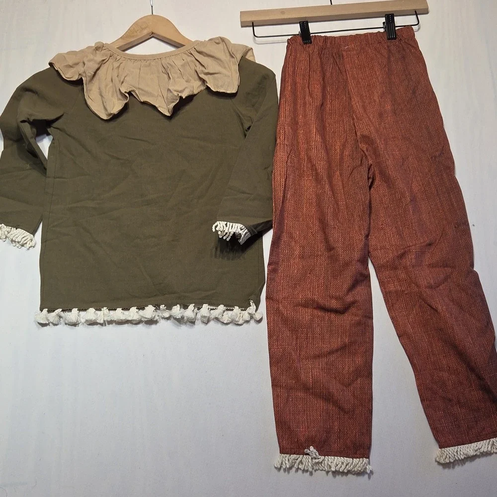 Kids Scarecrow Costume w/ Hat Size 130 US 7/8 3 Pc Halloween Patchwork Fringe Se